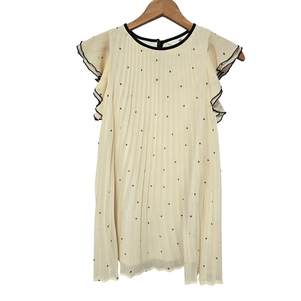 H&M Cream Black Polka Dot Pleated Flutter Sleeve Top Blouse Women Size 7